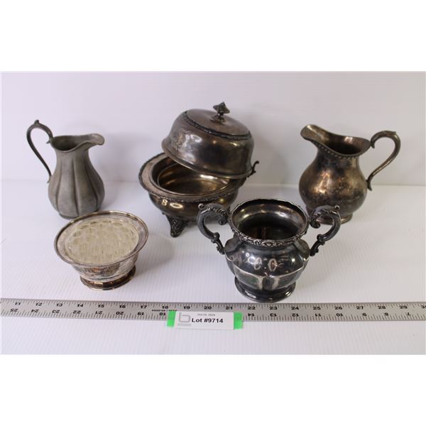 Vintage Plated Creamers & Sugar Bowl - Flower Frog - Lidded Dish