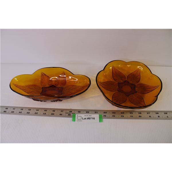 (2) Vintage Hocking Renaissance Amber Gold 10" Celery Dish w/Pebbled Leaves - Scalloped Glass 8" Dis