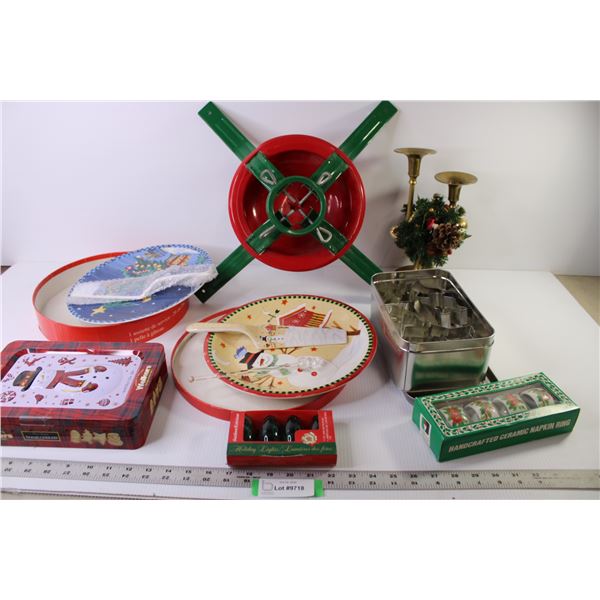 Christmas Items - (2) Ceramic Plate w/Ceramic Cake Knives - Tree Stand - Brass Candle Stick Holders 
