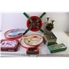 Image 1 : Christmas Items - (2) Ceramic Plate w/Ceramic Cake Knives - Tree Stand - Brass Candle Stick Holders 