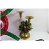 Image 7 : Christmas Items - (2) Ceramic Plate w/Ceramic Cake Knives - Tree Stand - Brass Candle Stick Holders 