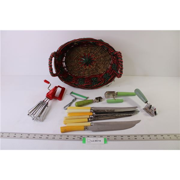 Woven Basket - Kitchen Ware - Can Opener - Knife Sharpeners - Knives w/Steel Rod Sharpener - Vegetab