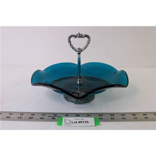 Vintage Zinco England - Small Service Blue Glass Dish w/Handle & Footed Bottom