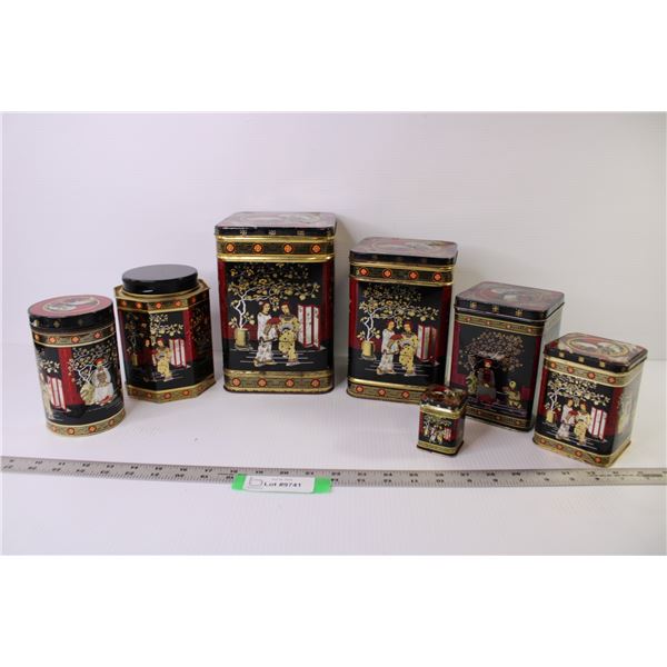 5 Pc Cannister Asian Themed Tins - 2 Matching Storage Tins