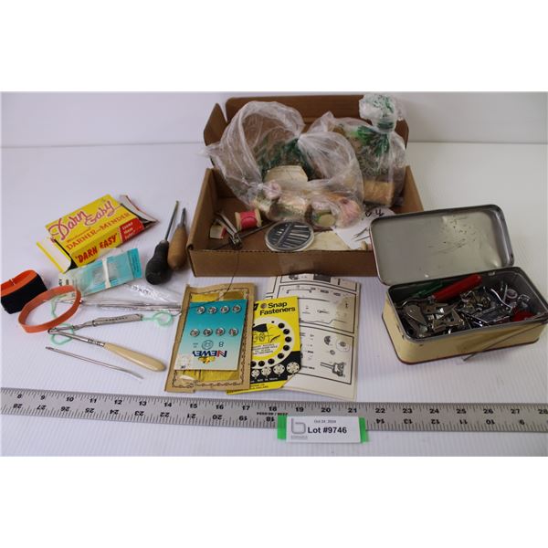 Sewing Lot - Machine Parts - Darning Needles - Wooden Spools - Fasteners