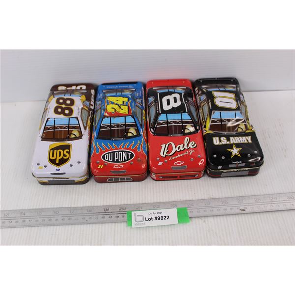 (4) Nascar Collectible Tins, Dale Earnhardt Jr, Jeff Gordan, Dale Jarret, Jerry Nadeau, -Some Damage
