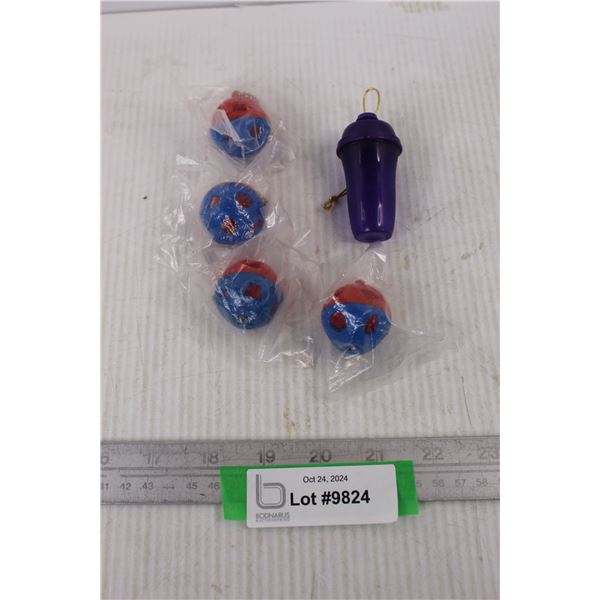 (3) Tupperware Shape Toy Decorations, (1) Water Bottle Christmas Tree Decoration