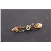Image 2 : ^9ct Gold Flower Brooch with Peridot Green Stone and (Possibly Gold) Hat Pin with Sapphire Stone - A