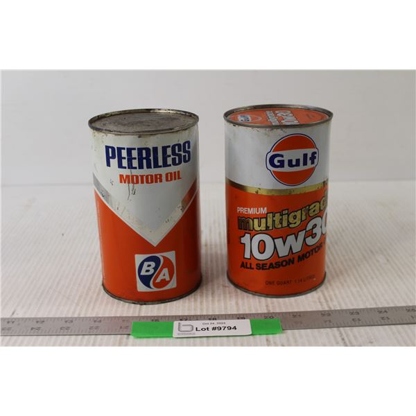 Peerless Motor Oil Can, Gulf Premium Multigrade 10w30 All Season Motor Oil - All Still Full