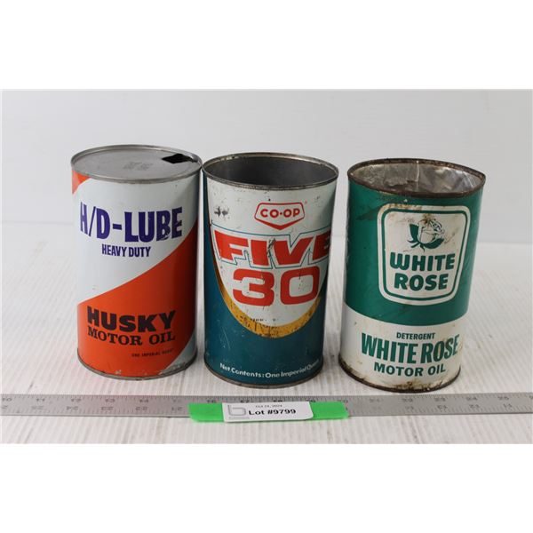 Husky Motor Oil Can, Coop Five 30 Can, White Rose Motor Oil Can - All Empty