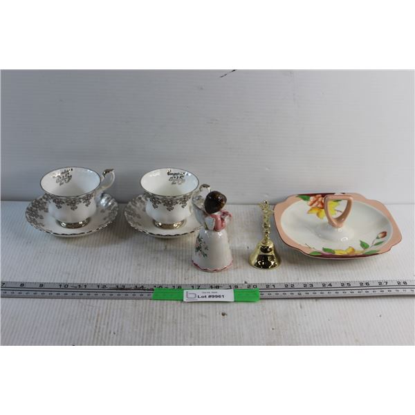 Hand Painted Japan Serving Dish, (2) Dinner Bells and (2) 25th Anniversary Cups and Saucers