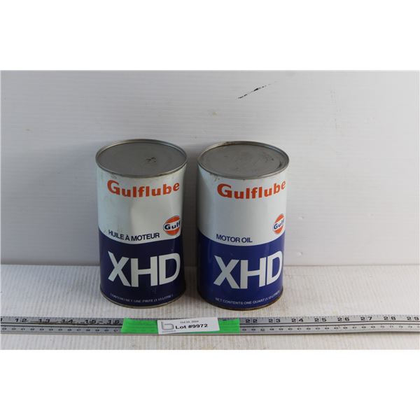 (2) Gulflube XHD Motor Oil Cans - Sealed, Cannot Be Shipped