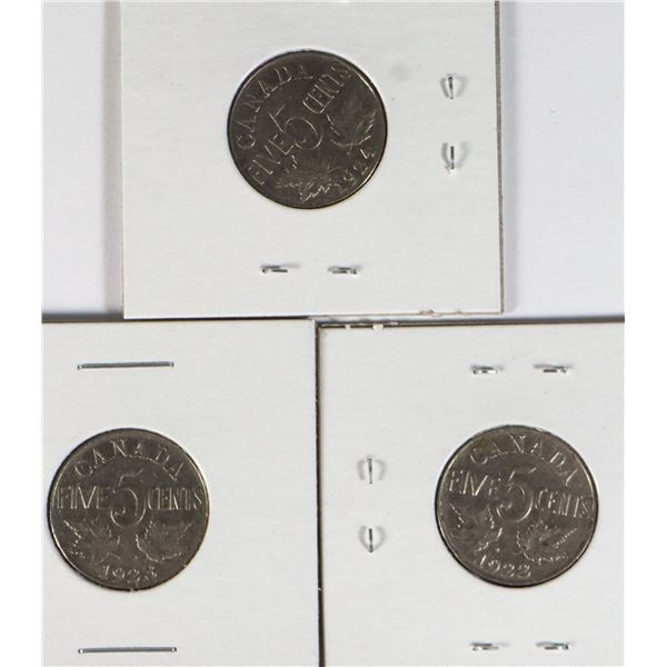 #77 1922 1923 1924 FIVE CENT CANADA COIN LOT  OF 3