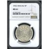 Image 1 : Macau, 1952, 5 Pataca silver coin, NGC MS61.