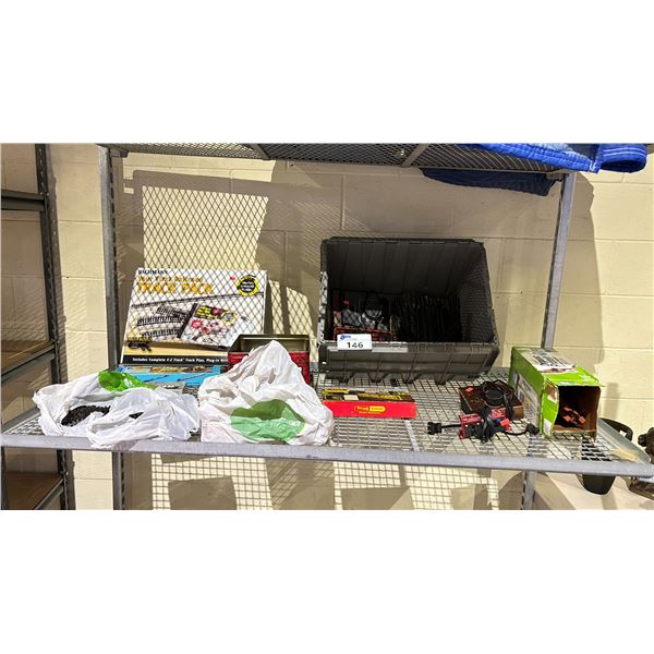 SHELF OF ASSORTED MODEL TRAIN ACCESSORIES INCLUDING; TRACKS, CONTROLLERS, DECOR & MORE
