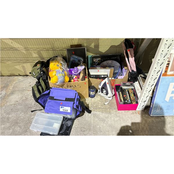LOT OF ASSORTED ITEMS INCLUDING; BACKPACKS, HOME DECOR, BOOKS & MORE