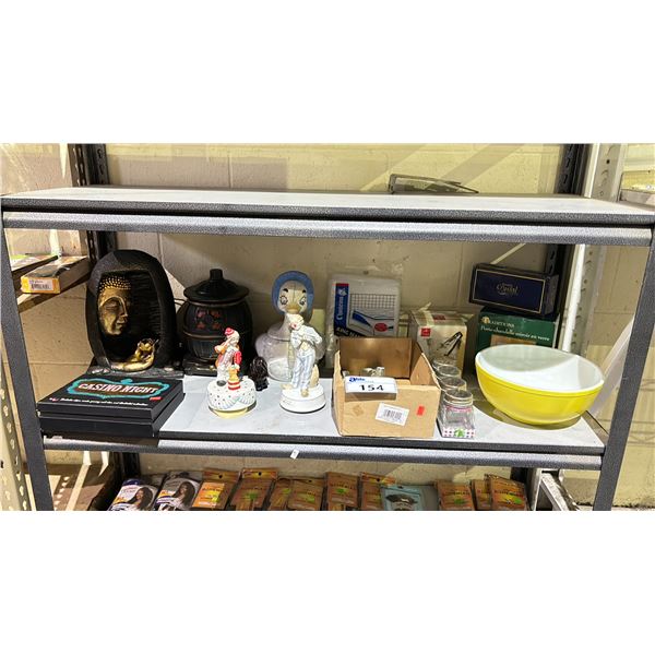 SHELF OF ASSORTED ITEMS INCLUDING; HOME DECOR, KITCHENWARE, CASINO NIGHT GAME SET & MORE
