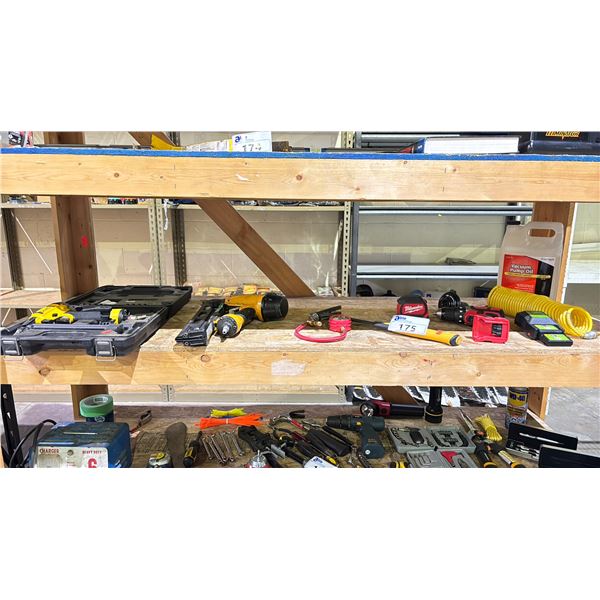 SHELF OF ASSORTED ITEMS INCLUDING; BOSTITCH NAILER, DEWALT BRAD NAILER, MILWAUKEE DRILL & MORE