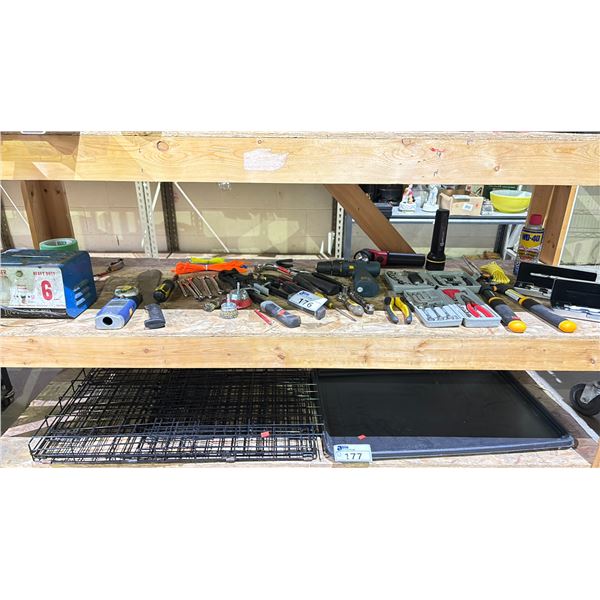 SHELF OF ASSORTED ITEMS INCLUDING; TOOLS, BATTERY CHARGER, LASER LEVEL & MORE