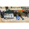 Image 2 : SHELF OF ASSORTED ITEMS INCLUDING; TOOLS, BATTERY CHARGER, LASER LEVEL & MORE