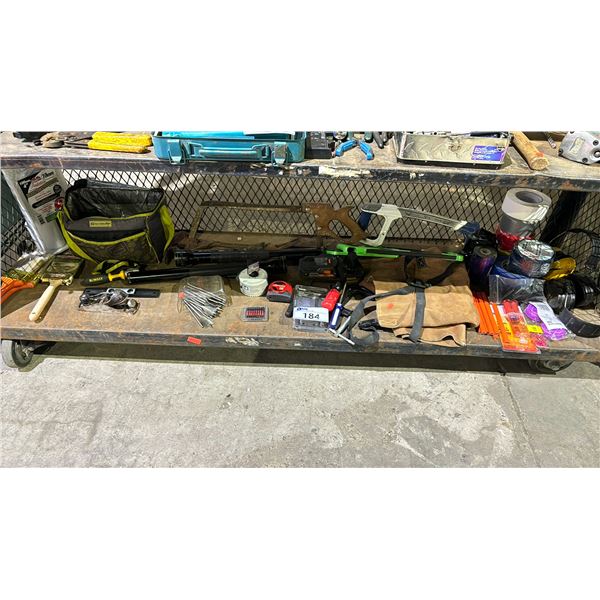 SHELF OF ASSORTED ITEMS INCLUDING; PAINT BRUSHES, DRILL BITS, HANDSAWS & MORE