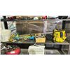 Image 1 : SHELF OF ASSORTED ITEMS INCLUDING; CIRCULAR SAW, SAW BLADES, KNEE PADS & MORE