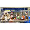 Image 1 : SHELF OF ASSORTED ITEMS INCLUDING; INFLATABLE BEER BOTTLES/CANS, STUFFED BEARS, ANTIQUE TOBOGGAN &
