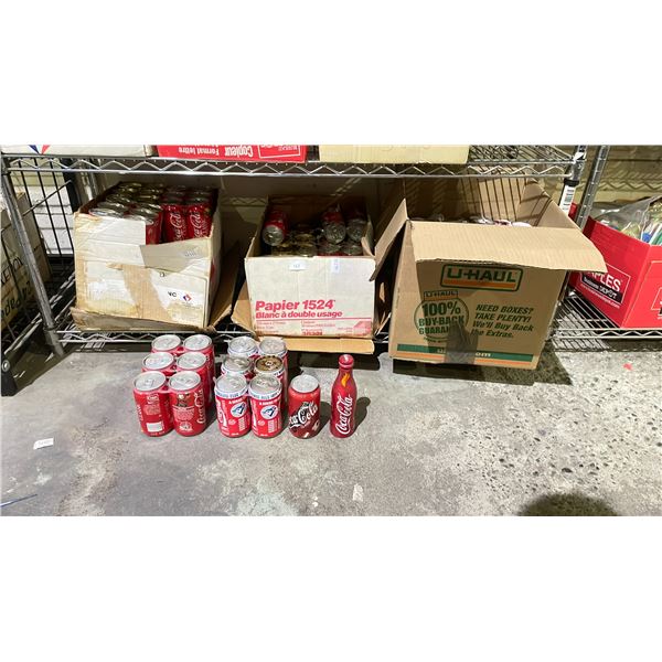 SHELF LOT OF COLLECTABLE COCA COLA CLASSICS CANS *SOME WITH CONTENTS*