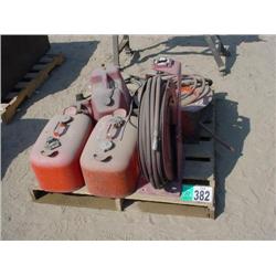 PALLET OF GAS CANS & HOSE REELS