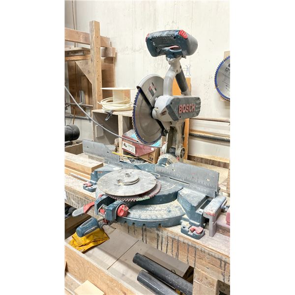 BOSCH 4212L ELECTRIC INDUSTRIAL MITER SAW ON WOODEN 96"W X 30"D X 40 1/2"H WORK BENCH & ASSORTED