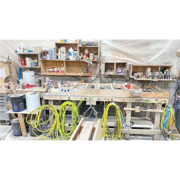 WOODEN INDUSTRIAL TILE WORKERS 100"W X 30"D X 39"H WORK STATION INCLUDING: 3 PNEUMATIC WET GRINDER