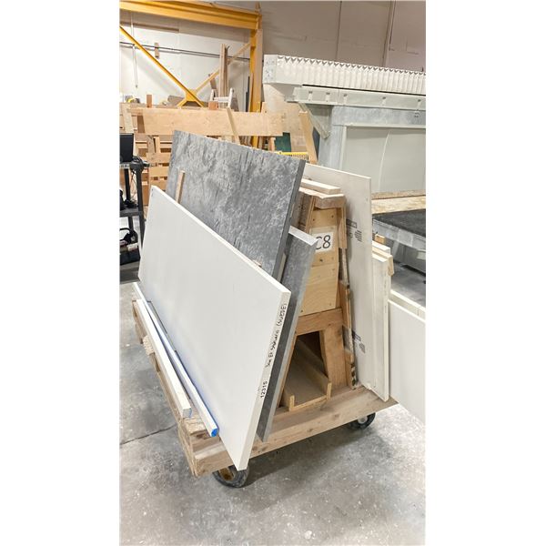 WOODEN 48"W X 40"D X 45"H INDUSTRIAL MOBILE A-FRAME STORAGE CART WITH ASSORTED COMMERCIAL TILE