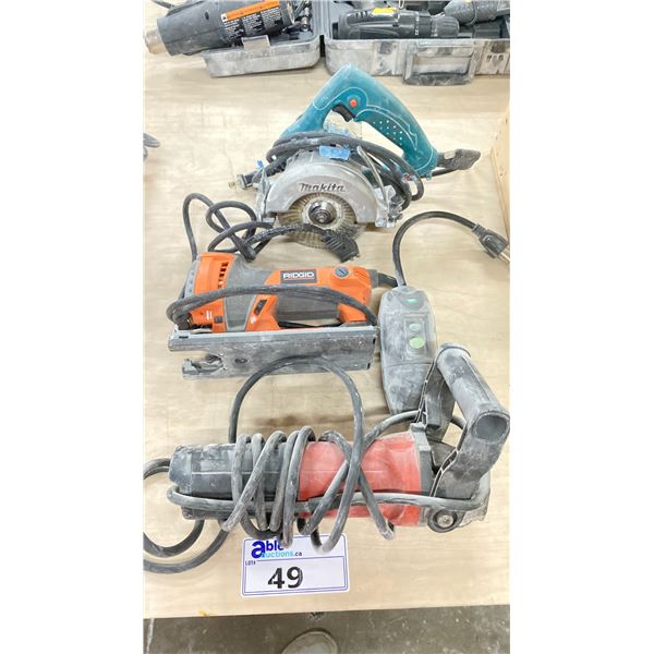 RIDID ELECTRIC INDUSTRIAL JIG SAW, RED ELECTRIC INDUSTRIAL ANGLE GRINDER, & MAKITA ELECTRIC