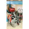Image 1 : 2 WHEEL HAND TRUCK, ROLLER STAND, TOOL BOX, HOSES & ASSORTED CONTENTS UNDER PALLET RACK