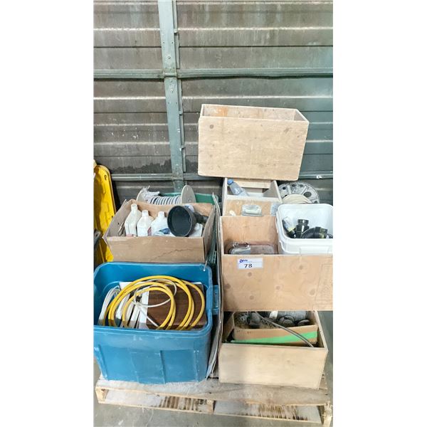 PALLET OF ASSORTED PLUMBING HARDWARE, ELECTRICAL CABLE & TILE HARDWARE