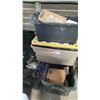 Image 1 : 5 PLASTIC BINS OF ASSORTED CONTENTS, 2 FOLDING TABLES & 2 TIER SHOPPING CART WITH CONTENTS