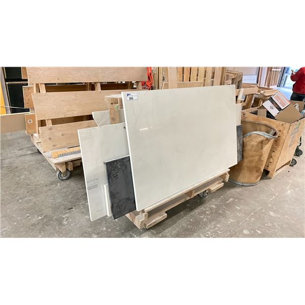 WOODEN 48"W X 40"D X 45"H INDUSTRIAL MOBILE A-FRAME STORAGE CART WITH ASSORTED COMMERCIAL TILE