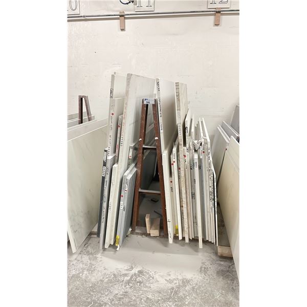 METAL DUAL A-FRAME RACK WITH ASSORTED COMMERCIAL COUNTER TOP STONE SLAB MATERIAL