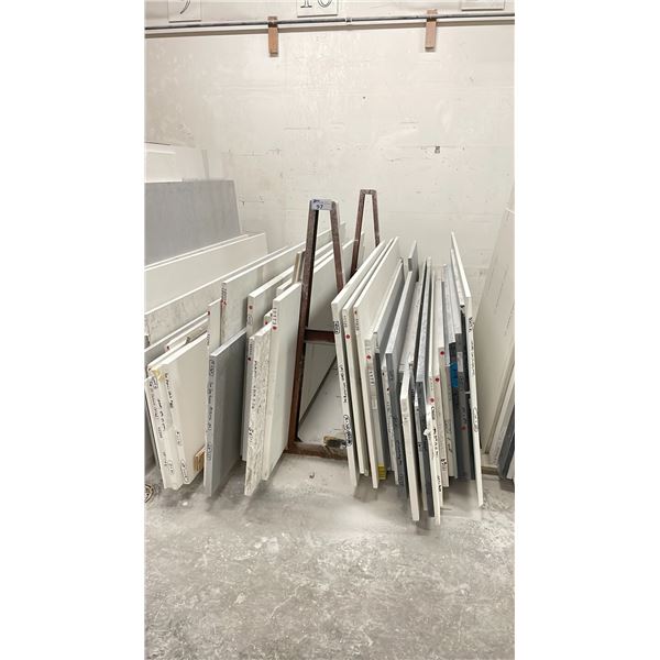 METAL DUAL A-FRAME RACK WITH ASSORTED COMMERCIAL COUNTER TOP STONE SLAB MATERIAL