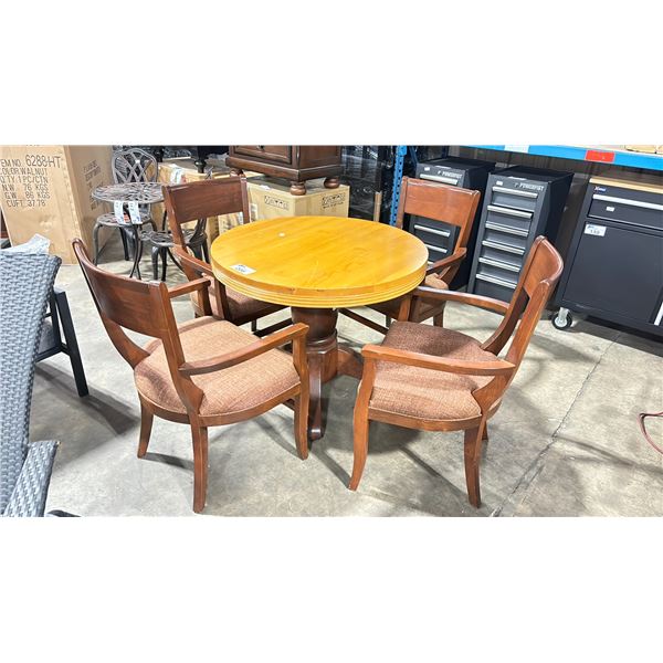CUSTOM WOOD 36" ROUND SINGLE PEDESTAL TABLE WITH 4 ASSORTED MAHOGANY WOOD FRAMED PADDED ARM CHAIRS