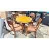Image 1 : CUSTOM WOOD 36" ROUND SINGLE PEDESTAL TABLE WITH 4 ASSORTED MAHOGANY WOOD FRAMED PADDED ARM CHAIRS