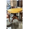 Image 2 : CUSTOM WOOD 36" ROUND SINGLE PEDESTAL TABLE WITH 4 ASSORTED MAHOGANY WOOD FRAMED PADDED ARM CHAIRS