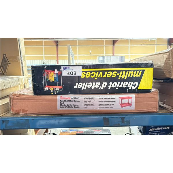 STORAGE WORKS 2 TIER RED METAL MOBILE SHOP CART & 2 TIER RED METAL MULTI PURPOSE SERVICE CART