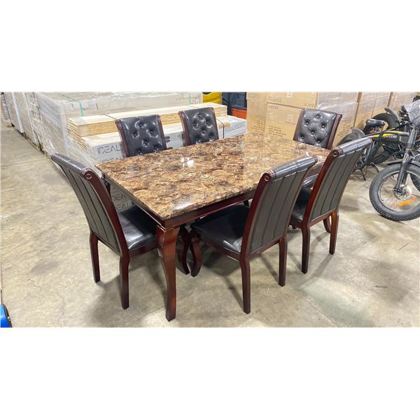 ABHI FURNITURE 2027 FAUX MARBLE TOP CHERRY BASE 7 PCS WOODEN PADDED CHAIR DINNING SET