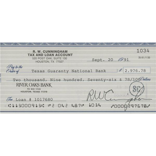 Apollo 7 Astronaut Walter Cunningham signed check