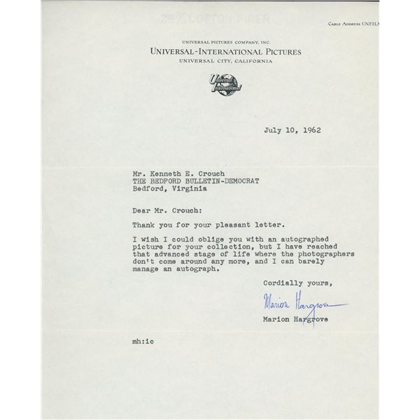 Marion Hargrove signed letter