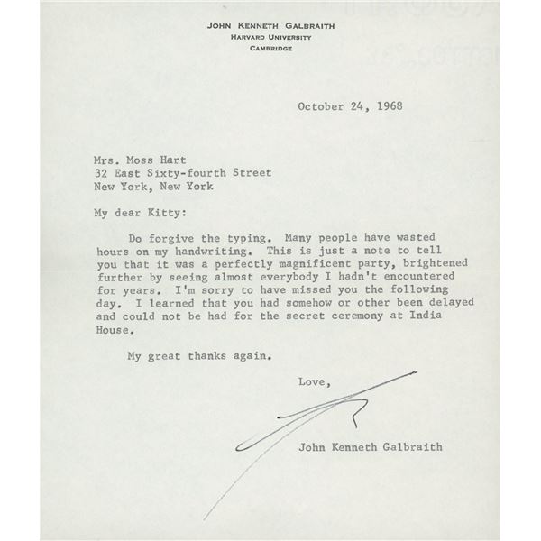 John Kenneth Galbraith signed letter