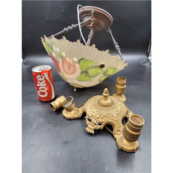 Vintage Reverse Painted Hanging Light & Ornate Ceiling Light