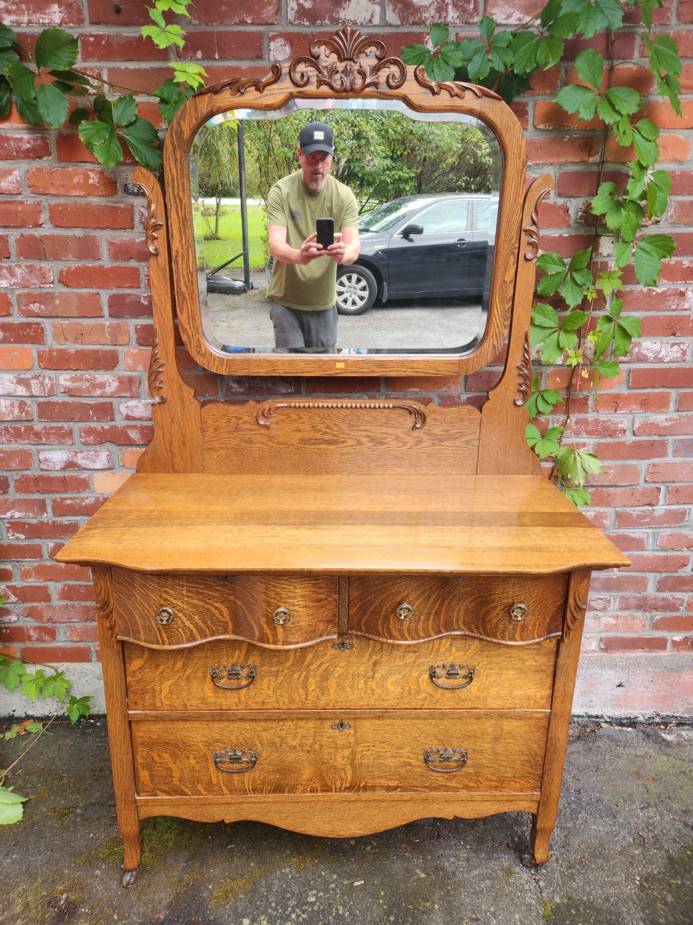 Antique Oak Bow Front Dresser w/ Mirror