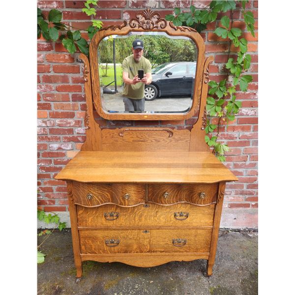 Antique Oak Bow Front Dresser w/ Mirror